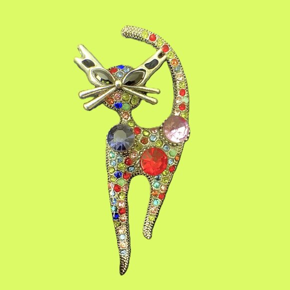 Unique Vintage Jewelry - Vintage 50's Style Silver Cat Brooch with Colorful Rhinestones